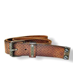 DIESEL Y2K Perforated Leather Belt 100cm Men's Large L Dark Brown Made in Italy